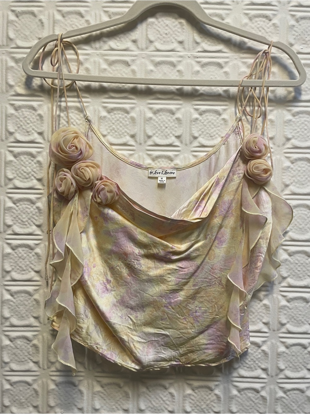 For love and lemons-Pastel Floral Silk Cowl Neck Camisole